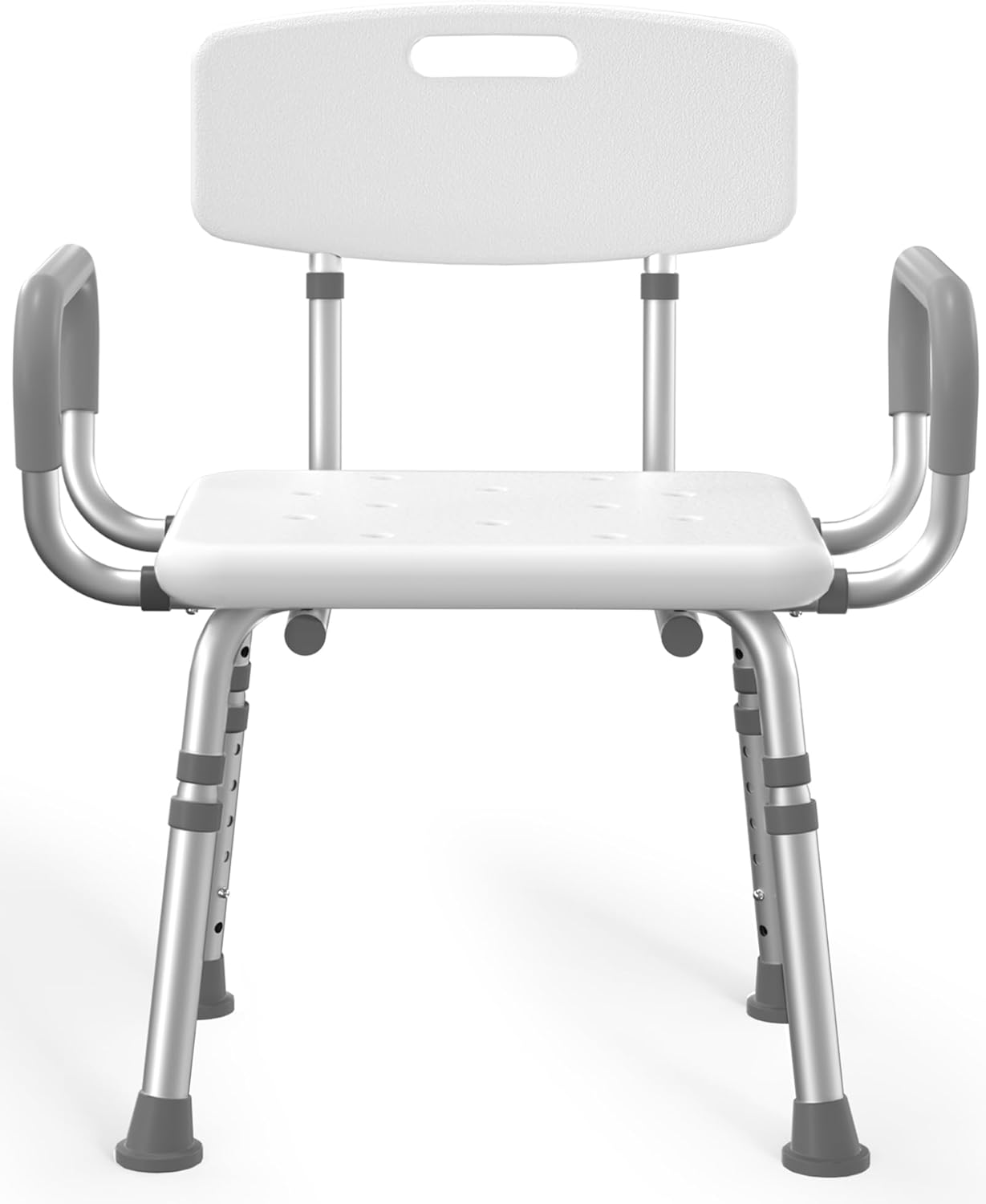 Shower chair with arms and back, adjustable height, non-slip feet: